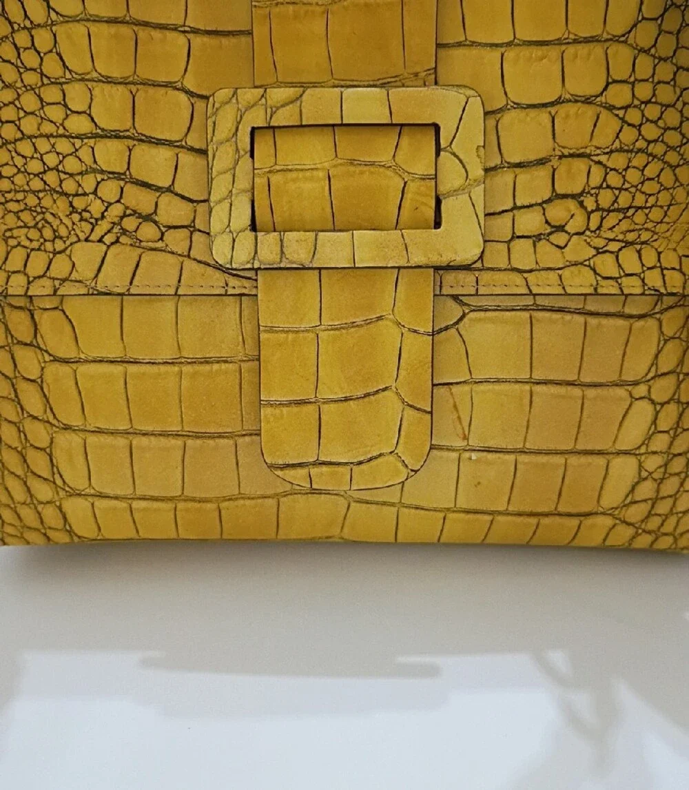 Yellow Leather Croc-Embossed Top Handle Bag with Bamboo Accent